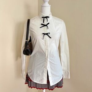 J.Crew preppy gothic academia velvet bow white button down blouse girly twee XS